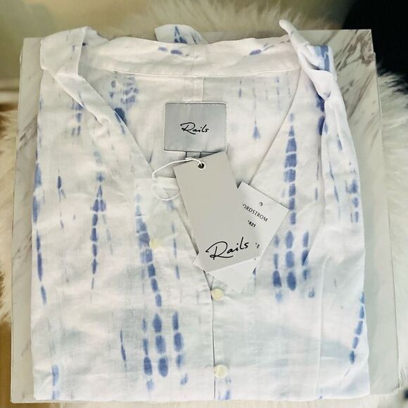 RAILS Thea Tie Waist Linen Blouse Top, Tie-dyed, Blue/White, Large, (12), NWT‎ - Picture 10 of 16